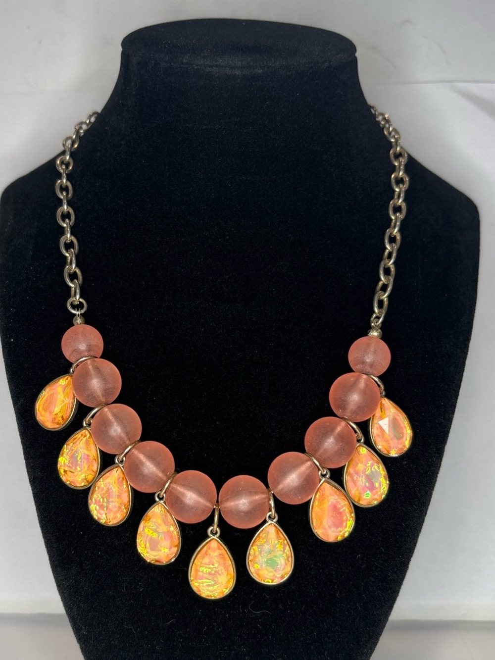 Pink Frosted Bead Statement Necklace Iridescent AB Teardrop Dangles 22” Bib Boho